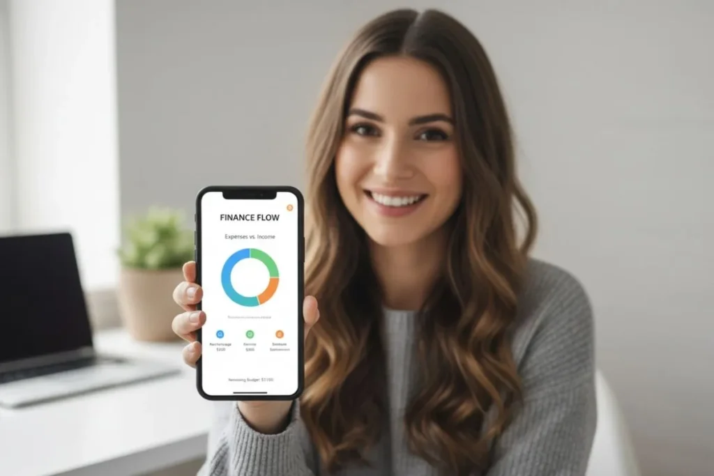 a woman showing her mobile screen and showing budgeting app in that mobile